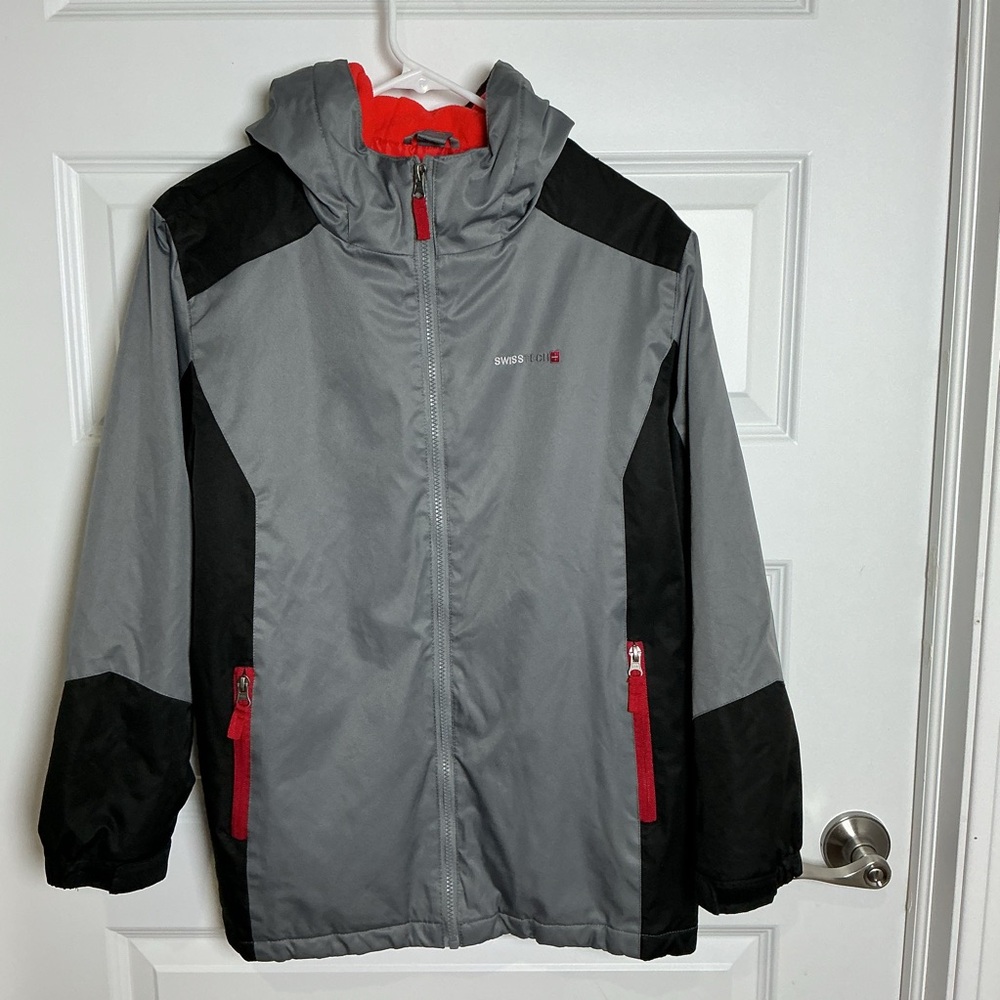 Swiss Tech Kids Raincoat in Gray and Black with Red Accents XL-14-16